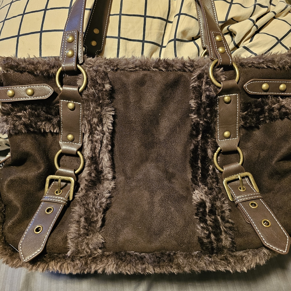 Dolls Kill Current Mood Brown Faux Fur Tote Bag Purse